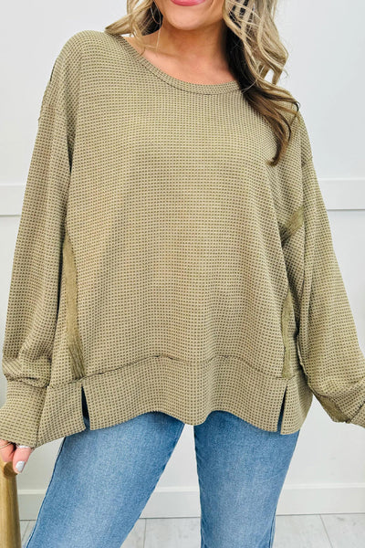 Women's Laurel Green Oversized Waffle Knit Pullover with Contrast Patches and Side Slit for Trendy Comfort