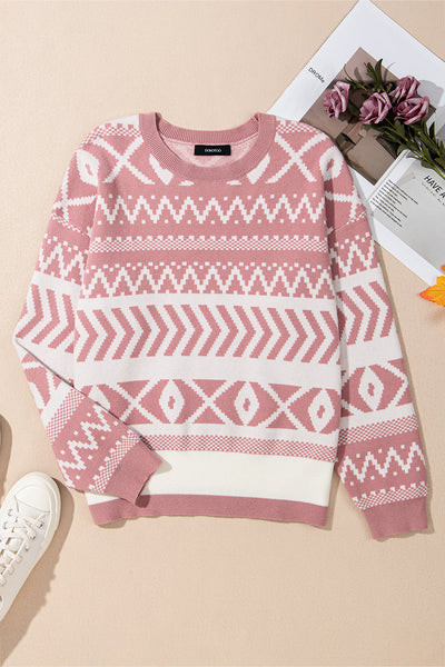 Cozy Women's Fuchsia Abstract Print Pullover Sweater - Stylish Knit Top for Fall & Winter Wardrobe Essentials