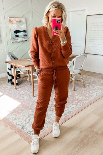 Women's Gold Flame Quilted V-Neck Button Down Top & Drawstring Jogger Pants Set - Stylish & Comfortable Outfit