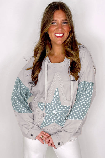 Women's Beau Blue Floral Patchwork Star Hoodie with Adjustable Drawstring - Stylish & Comfortable Casual Wear