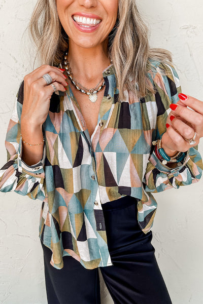 Stylish Women's Green Geometric Print Balloon Sleeve Shirt - Casual Loose Fit Top for Effortless Comfort