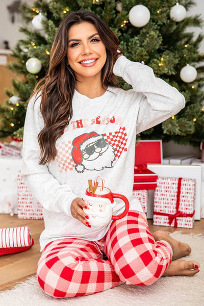 Cozy Multicolor Christmas Lounge Set for Women with Plaid Pants - Festive Claus Graphic for Holiday Comfort