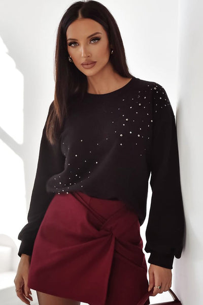 Chic Women's Black Rhinestone Pullover Sweatshirt - Sparkling Casual Style for Effortless Comfort and Trendy Looks