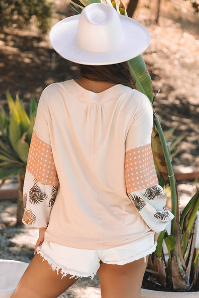 Tropical Palm Print Puff Sleeve V-Neck Blouse for Women Loose-Fit, Stylish Patchwork in Jet Stream Colors