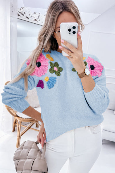 Cozy Women's Light Blue Ribbed Floral Sweater - Stylish Knit Top for Every Season, Perfect for Casual Outings