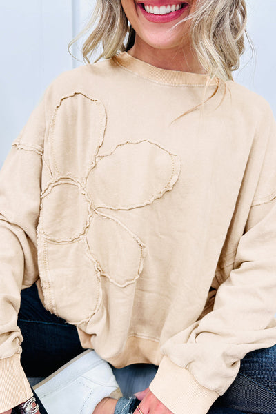 Plus Size Women's Beige Floral Stitch Long Sleeve Top - Stylish Round Neck Tee for Comfortable Everyday Wear
