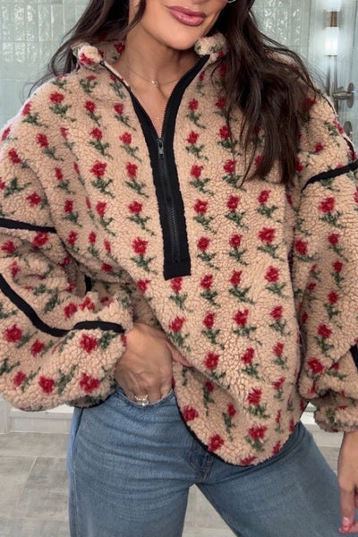 women's rose print sherpa half-zip pullover in beige made for easy styling and wardrobe coordination, with premium-like structure and finish. with