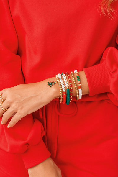 Women's 6-Piece Holiday Bead Bracelet Set with Christmas Tree Charm