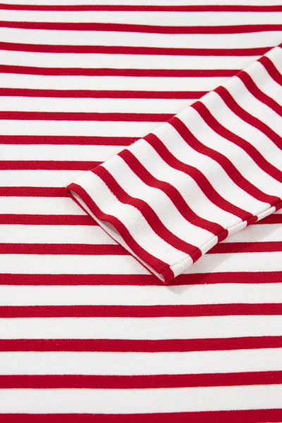 Women's Red Striped Ruffle Sleeve Cotton Blend Blouse