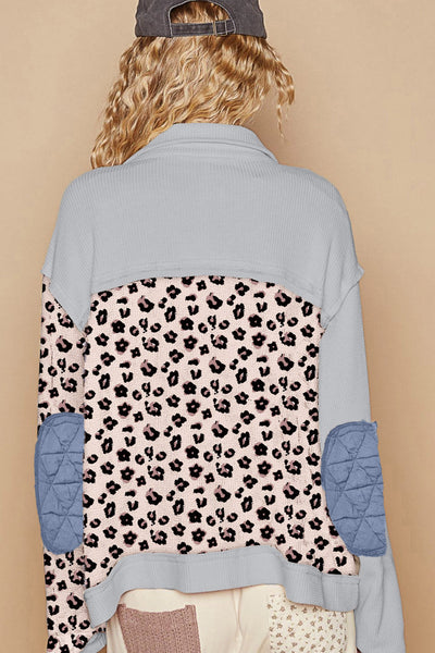 Chic Women's Sky Blue Leopard Print Quilted Jacket - Cozy Waffle Knit Button Front for Stylish Layering
