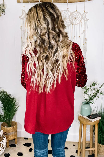 Trendy Women's Racing Red Sequin Patchwork Shacket with Double Chest Pockets Stylish Layering Essential