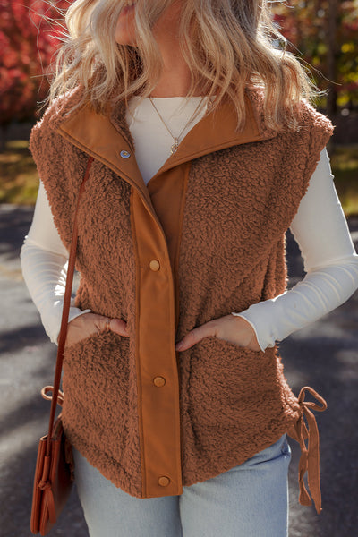 Women's Cinnamon Faux Fur Side-Knot Vest with Snap Closure