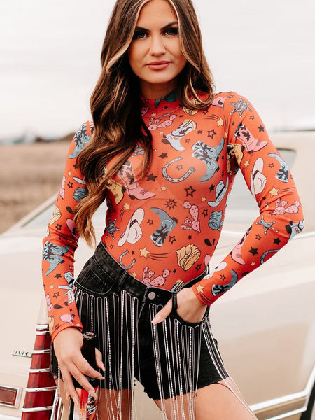 Rodeo Chic Orange Mesh Long Sleeve Bodysuit