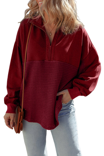Cozy Women's Red Dahlia Waffle Knit Half-Zip Sweatshirt with Patchwork Design for Casual Everyday Wear