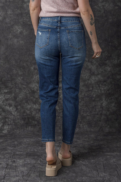 Retro Rolled Hem Single-Breasted Closure Straight Loose Casual Jeans