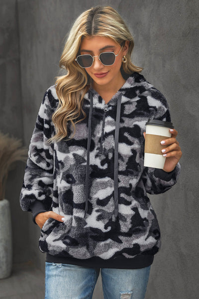 Women's Gray Camouflage Sherpa 1/4 Zip Fleece Hoodie