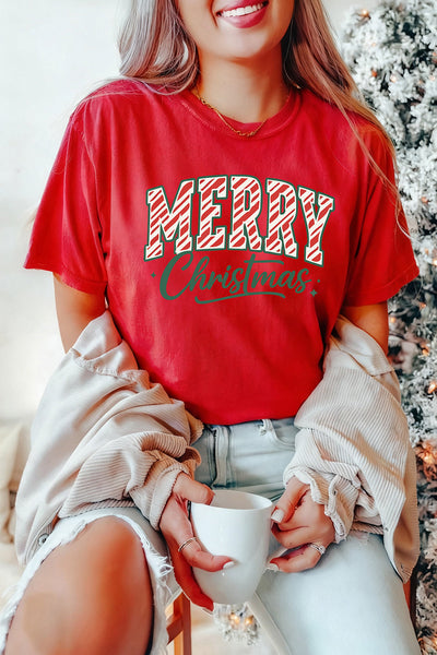 Women's Merry Christmas Graphic Tee in Red Cotton Blend