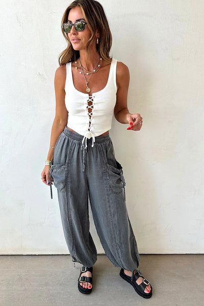 Stylish Medium Grey Denim Joggers for Women with Drawstring, Elastic Waist, Pockets, and Trendy Knot Hem