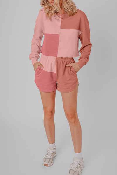 Women's Peach Colorblock Long Sleeve Shorts Set - Trendy Casual Summer Outfit for Comfort and Adventure