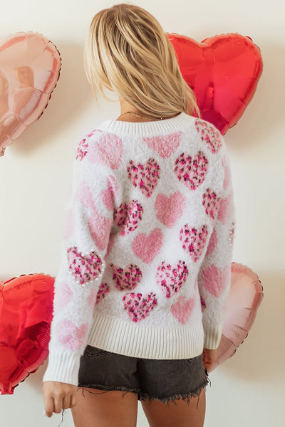 Cozy Women's Pink Heart Leopard Print Sweater with Pearled Ribbed Trim - Stylish Fuzzy Knit for Casual Outings