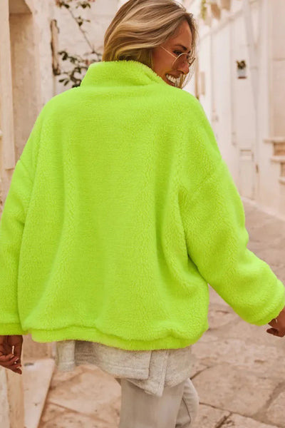 Cozy Women's Pear Green Fuzzy Sherpa Jacket with Contrast Trim and Pockets - Stylish Full Zip Outerwear for Fall/Winter