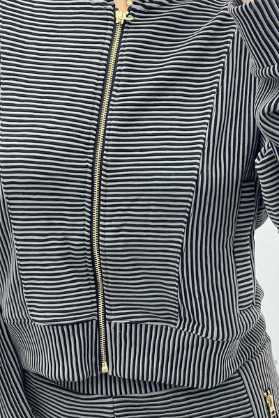 Chic Women's Black Stripe Full Zip Jacket & Sweatpants Set - Casual Drop Shoulder Athleisure for Effortless Style