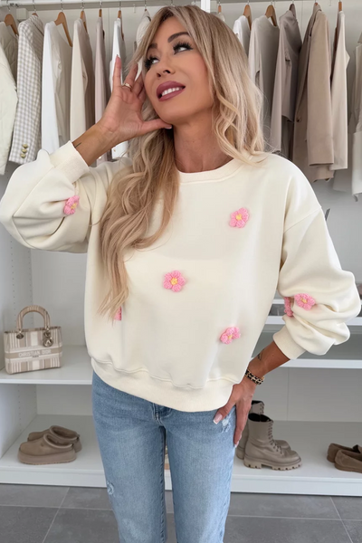 Cozy Beige Floral Crochet Sweatshirt for Women - Casual Chic Drop Shoulder Style, Perfect for Everyday Comfort