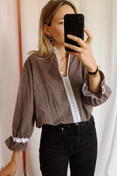 Trendy Women's Brown Plaid Blouse with Lace Collar and Ruffled Sleeves - Chic and Stylish Casual Top