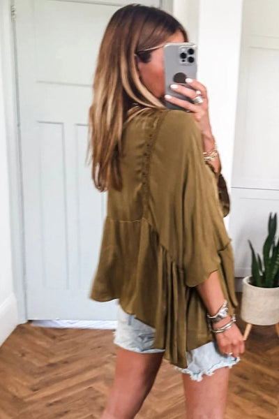Elegant Women's Jungle Green Silky Lace Frilled Blouse - Chic Long Sleeve Round Neck Top for Fashionable Looks