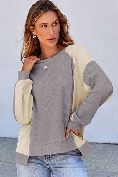 Grey Waffle Knit Color Block Sweatshirt with Raglan Sleeves with practical styling and dependable silhouette control.