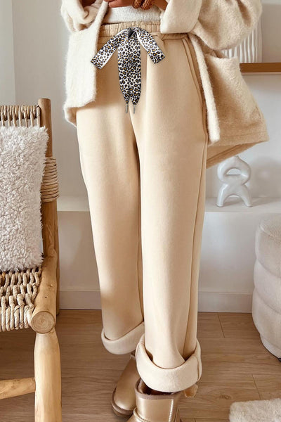 Women's Leopard Print Fleece-Lined Joggers in Oatmeal - Cozy Drawstring Waist for Stylish Comfort