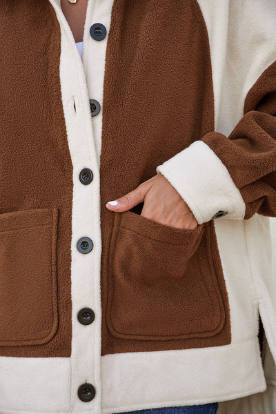 Women's Brown Color Block Fleece Shacket and Button-Down Shirt with practical styling and dependable silhouette control.