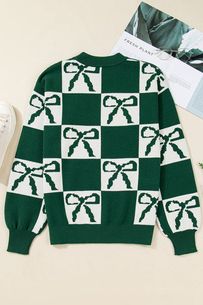 Women's Checkered Bow Knit Sweater in Hunter Green made for easy styling and wardrobe coordination, with premium-like structure and finish.