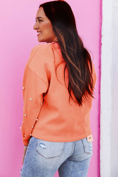 Women‚Äôs Blossom Pullover Sweatshirt with Pearled Sleeves, Drop Shoulder, and Round Neck Casual Chic in Soft Pink