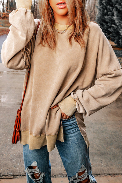 Casual Women's Oversized Khaki Sweatshirt with Drop Shoulders & Ribbed Trim for Effortless Comfort and Chic Style