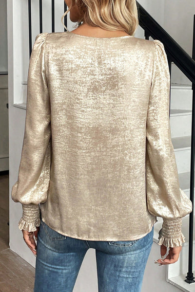 Elegant Women's Apricot Metallic Long Sleeve Blouse with Smocked Details - Chic Round Neck Top for Stylish Looks