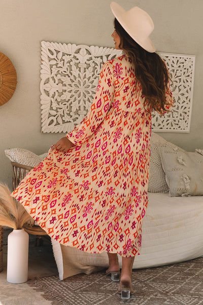 Stylish Women's Orange Geometric Print Maxi Dress - Flattering Western-Inspired Summer Outfit for Effortless Elegance