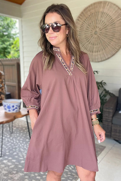 Elegant Women's Old Rose V-Neck Mini Dress with Contrast Trim & Bracelet Sleeves - Perfect Shift Style for Any Occasion