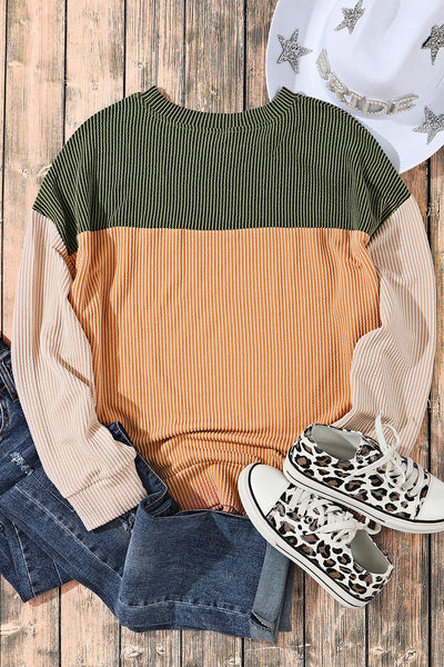 Stylish Women's Green Color Block Ribbed Long Sleeve Top - Relaxed Fit for Comfortable Everyday Casual Wear
