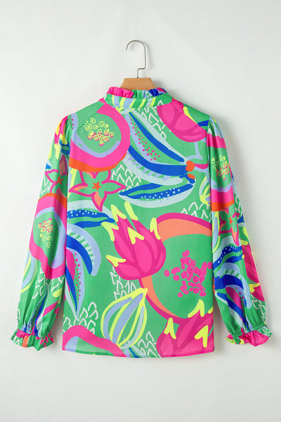 Chic Women's Green Abstract Print Blouse with Ruffled Sleeves and V-Neck - Stylish Everyday Top for Effortless Elegance