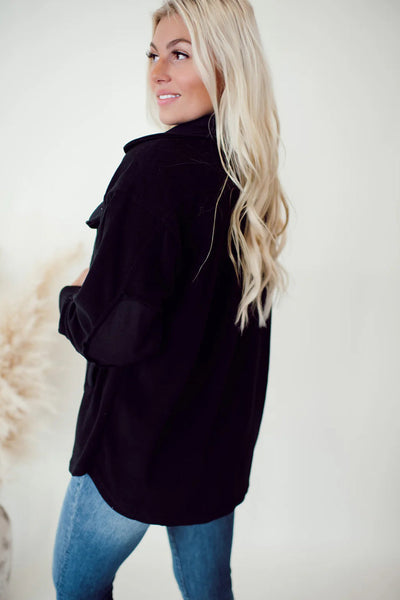 Cozy Chic Women's Black Fleece Shacket with Button Down Closure and Trendy Patchwork Design, Perfect for Fall Fashion