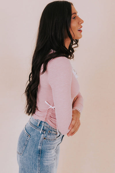 Stylish Women's Light Pink Cropped Top with Lace Trim, Square Neck & Bow Detail - Perfect Everyday Ruched Design