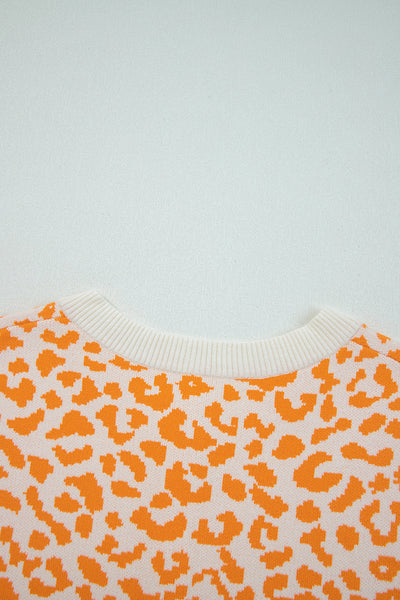 Cozy Women's Orange Leopard Print Chunky Knit Cardigan Sweater with Drop Shoulders for Stylish Fall Layering