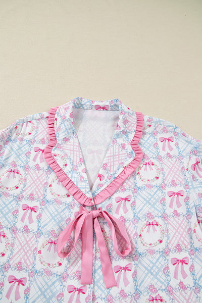 Cozy Women's Pink Holiday Pajama Set with Bow Wreath Pattern Long Sleeve Tied Front 2-Piece Christmas Sleepwear