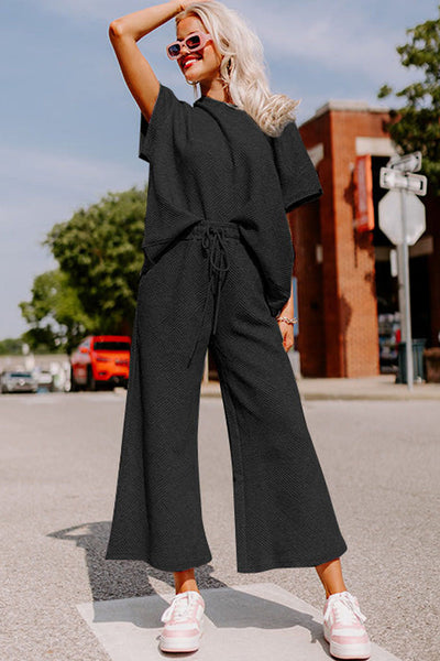 Chic Black Textured T-Shirt and Drawstring Pants Set for Women - Effortless Loose Fit Everyday Style