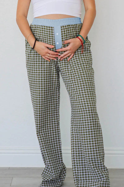 Women's Brown Gingham High-Waist Boxer Pants with Blue Contrast