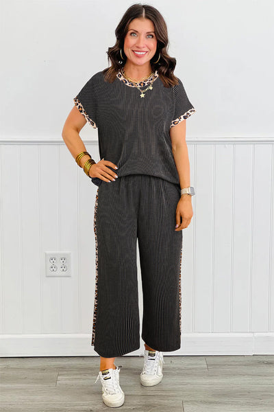 Women's Ribbed Two-Piece Pant Set with Leopard Trim