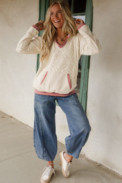 women's white crochet knit hoodie with contrast trim and exposed seams - stylish patchwork design for everyday wear made for easy styling and wardrobe