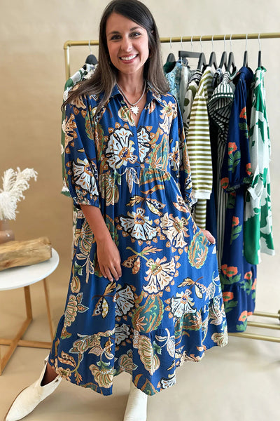 Chic Women's Blue Floral Paisley Midi Dress with Shirt Collar & 3/4 Sleeves Perfect for Stylish Summer Outings
