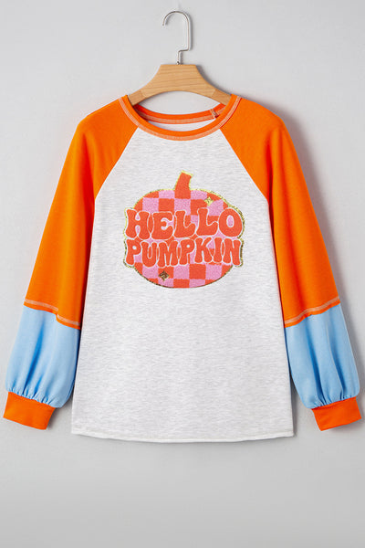 Women's Hello Pumpkin Colorblock Raglan Tee with Retro Graphic